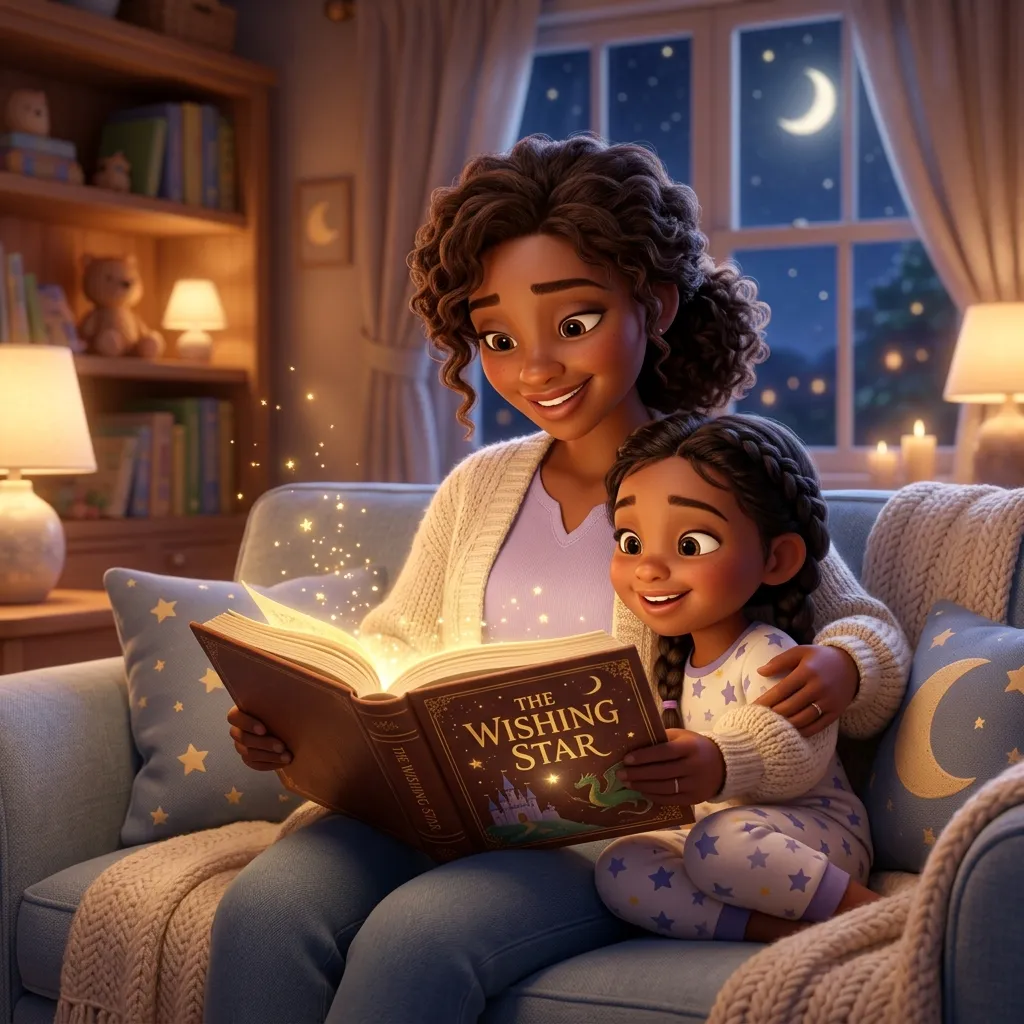 Padre o madre y su peque disfrutando juntos un cuento personalizado de NeuroStories, rodeados de luz cálida y mágica