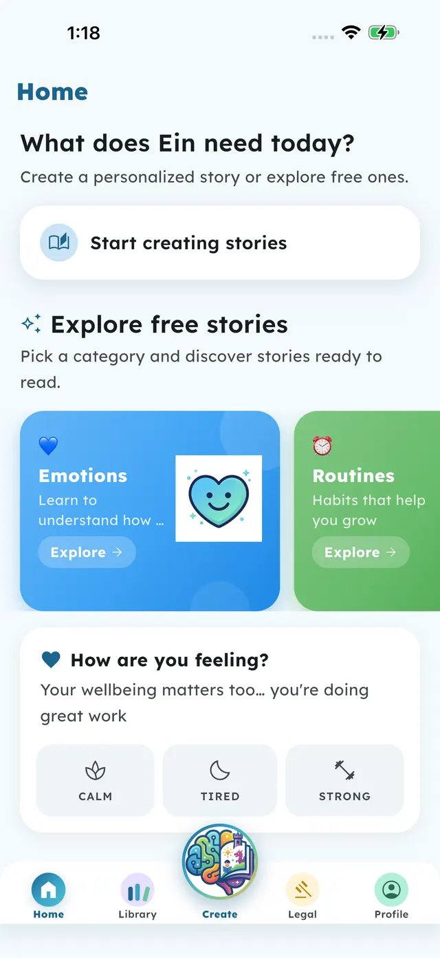 Pantalla de inicio de NeuroStories con el botón para crear cuentos y las categorías gratis