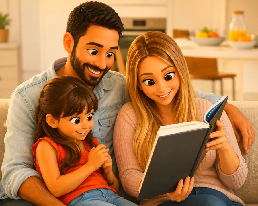 Foto real de una familia leyendo, junto a su versión en caricatura como personajes del cuento