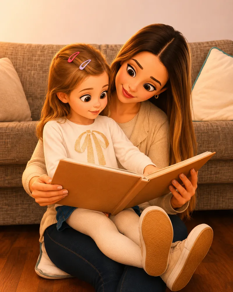 Foto real de una madre y su hija leyendo, junto a su versión en caricatura como personajes del cuento